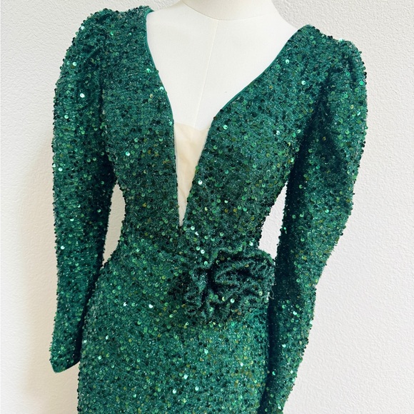 Giffniseti Sequined Emerald Green Mermaid Evening Gown Puff Sleeves Rosette S - Picture 9 of 13
